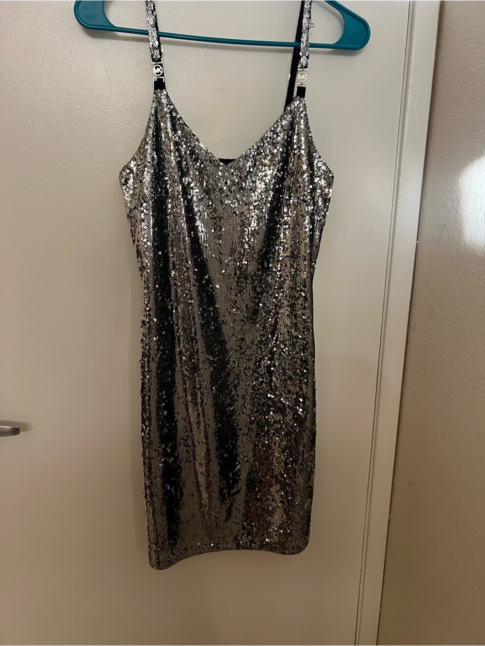 Michael Kors Silver Sequin Slip Dress with Logo Straps